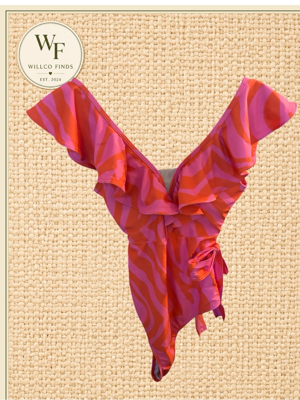 Pink Orange Zebra Ruffle One Piece Swimsuit Medium Tie Waist Plunge
